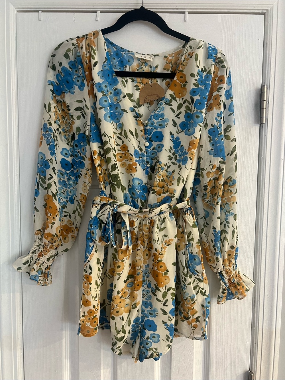 Kori Floral Wrap Romper in Blue and Mustard on Cream-NWT